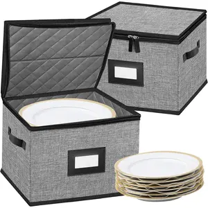 Quilted Dish Storage Containers with Lid Hard Shell for Moving Transport Dinnerware Storage Stackable Plate Storage 24 Felt Plate Dividers Included 2PACK 12*12*8in