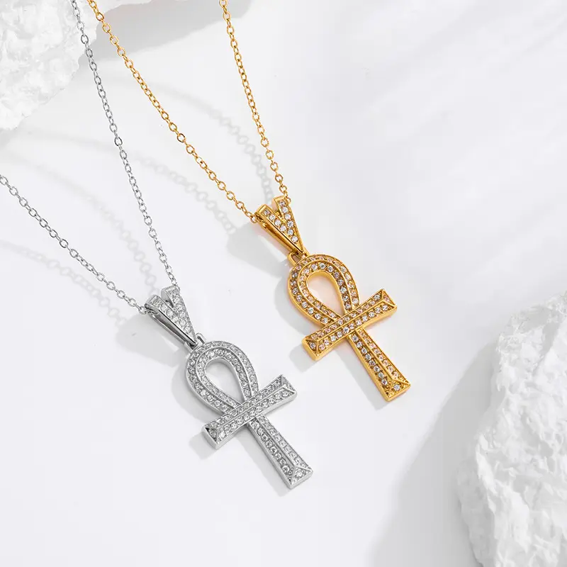 Iced Out Ankh Cross Necklace, Gold-Plated Cubic Zirconia Egyptian Pendant Jewelry for Women, Hip Hop Streetwear Hypoallergenic Beaded Choker, Luxury Daily Wear Gift