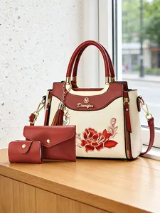 3-Piece Embroidered Handbag Set, Fashionable Bag Set with Clutch and Card Holder, Stylish PU Messenger Bag for Daily Use, Casual Trendy Handbag, Fashion Purses, Perfect Gift for Wife or Girlfriend