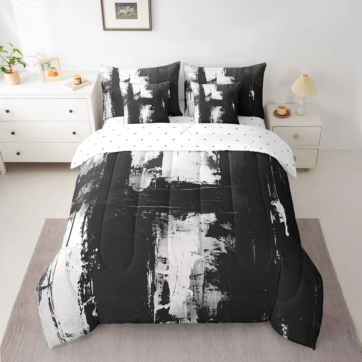 Feelyou 7-Pieces Black and White Abstract Microfiber Comforter Set, Modern Art Adults' Bedding Set, Microfiber Bedding Set