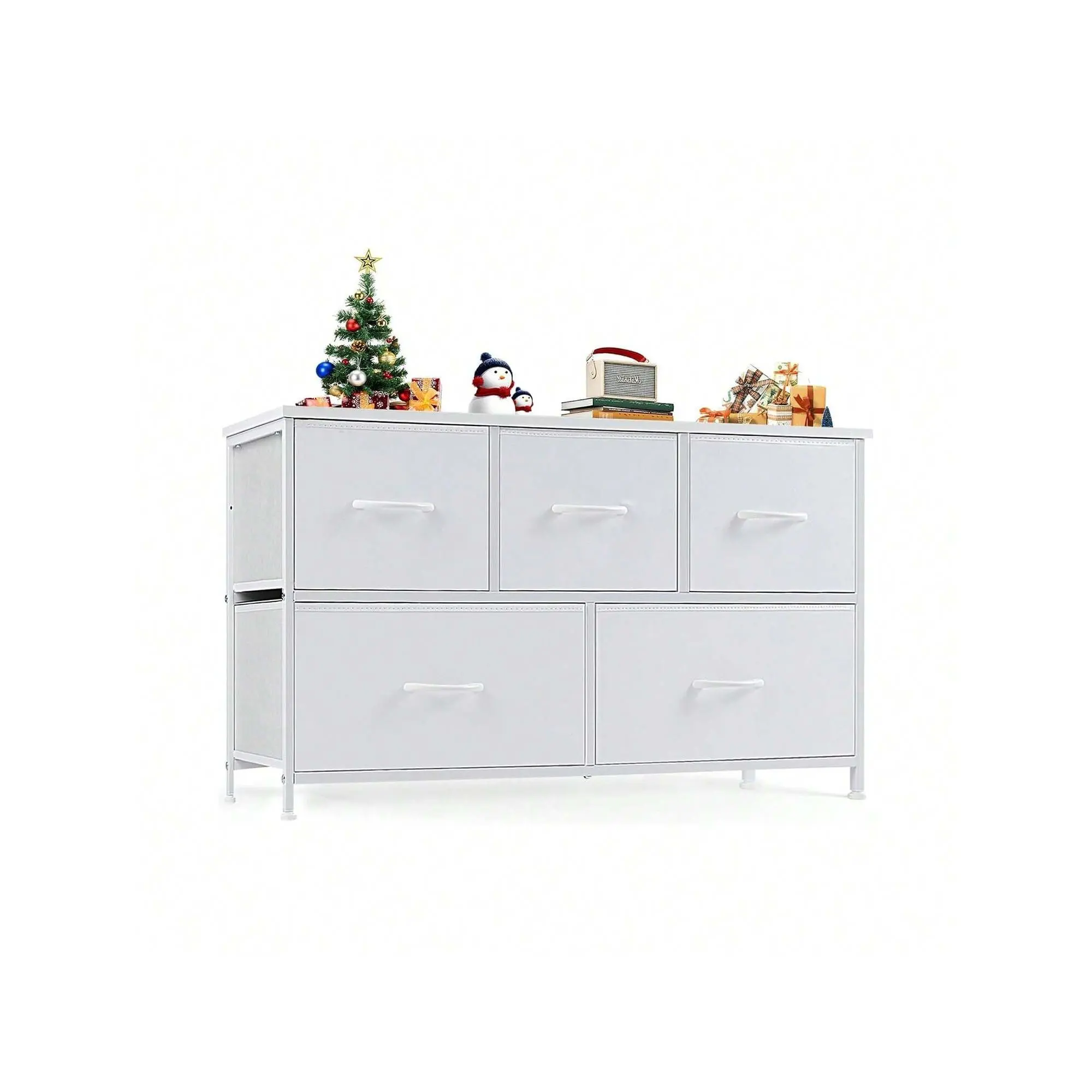Dresser For Bedroom, Dresser For Kids Room, 5 Drawers Dresser Chest Of Drawers For Bedroom, Metal Frame And Wood Top For TV Stand Up To 45 Inch With Fabric Storage Drawer For Living Roo
