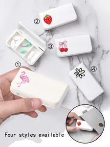 Mini Pocket Medicine Box with Cherry, Bowknot, Strawberry and Flamingo Floral Patterns, Portable Daily Pill Organizer, Three Compartment Capsule Container for Vitamins and Medications