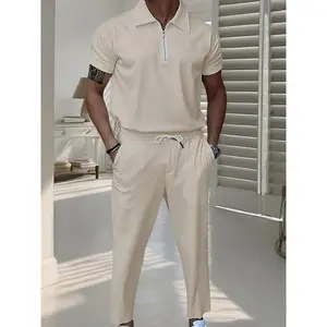 Men's Solid Half Zip Polo Shirt & Pants Sportswear Set, Regular Fit Casual Comfy Breathable Short Sleeve Top & Trousers for Daily Outdoor Wear, Men's Clothing for All Seasons, Athletic Activewear Tracksuits