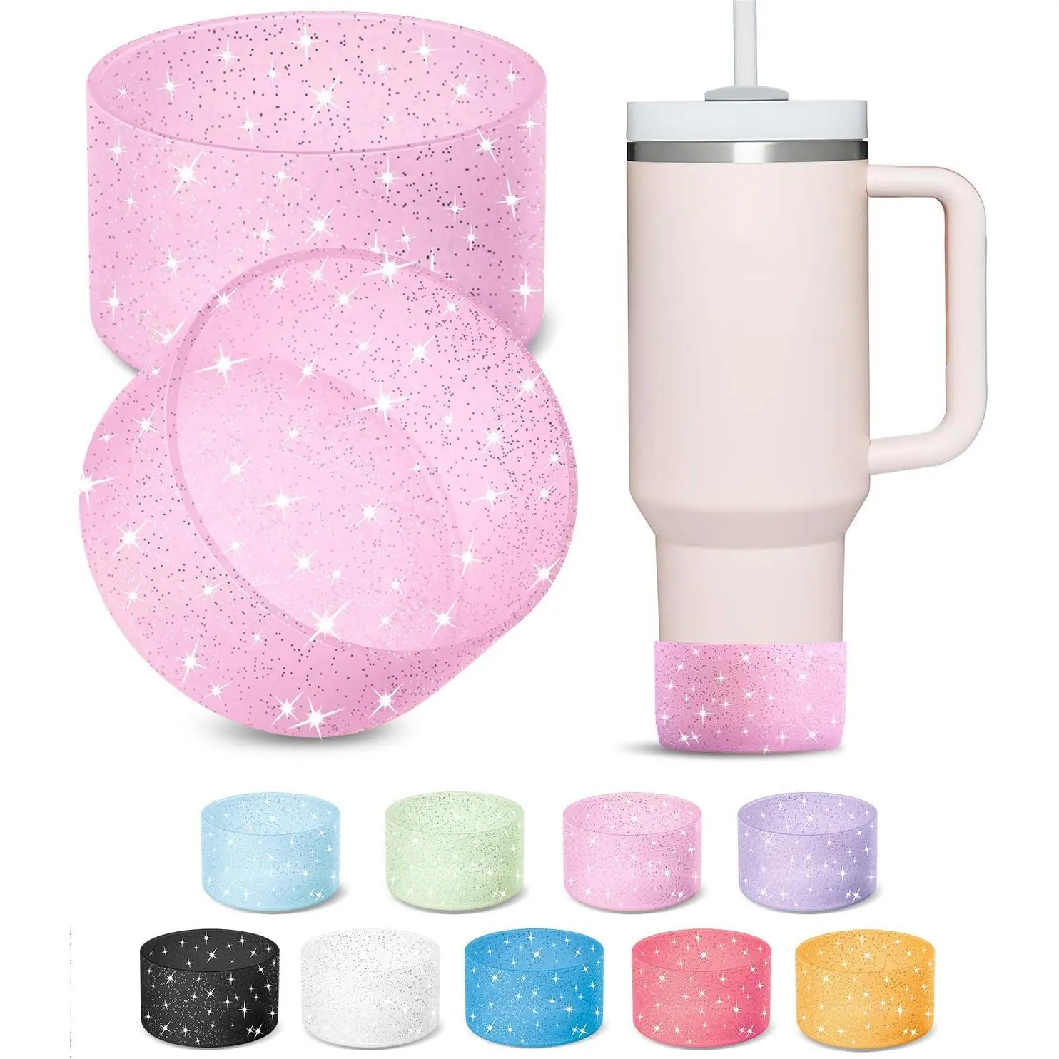 2 count Glitter Silicone Boot Compatible with  Tumbler 20 30 40 oz & Fits Hydro Flask Water Bottle 12-24oz & Fits , ,  Cup - Bling Cup Bottom Protector Accessories