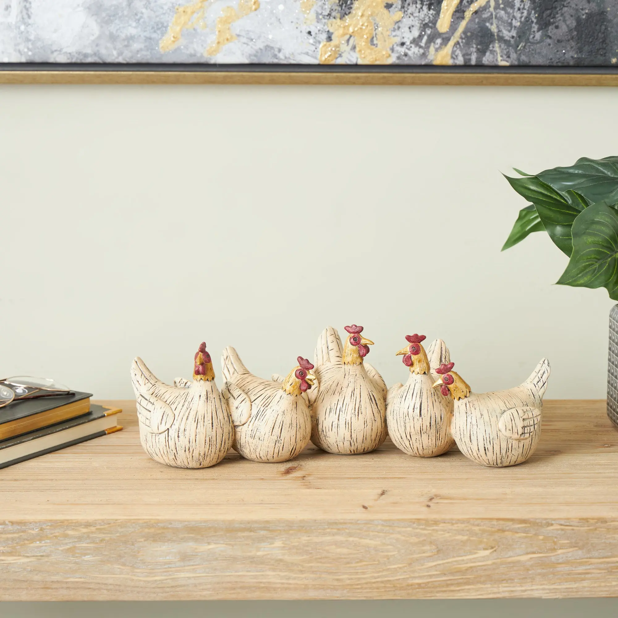 Chicken Figurine, Beige Polystone Decorative Ornament with Gold Heads - Farmhouse Home Decor, Ideal Gift for Home Supplies, Decoration, Ornaments