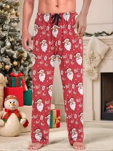 Men's Fashion Santa Claus Print Sleep Pants, Polyester Blend Comfortable Breathable Pajama Bottoms, Suitable for Autumn Summer Spring Seasons, Pajamas