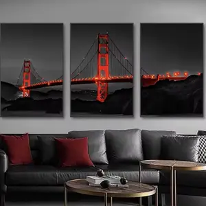 3pcs Golden Gate Bridge Night Scene Painting with Wooden Frame, Modern Minimalist Wall Art for Living Room Home Decor