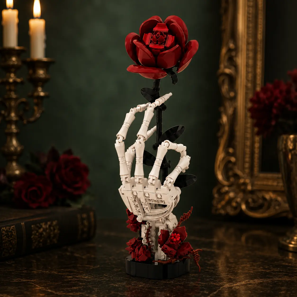 357-Piece Gothic Rose Skeleton Hand Building Set, Red Rose Flower Building Blocks with Articulated Hand, Desk & Shelf Decor, Creative Gift for Gothic Decor Lovers