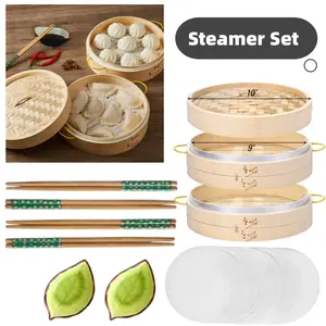 Bamboo Steamer Basket Set 10 inch Steamer for Cooking, with Side Handles Chopsticks Ceramic Sauce Dishes Paper Liners, for Dim Sum Dumplings Buns Seafoods Rice Asian Foods