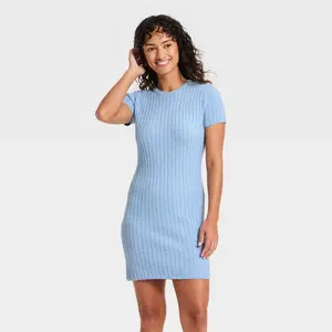 Women's Short Sleeve Rib Mini Sweater Dress - Universal Thread Blue L