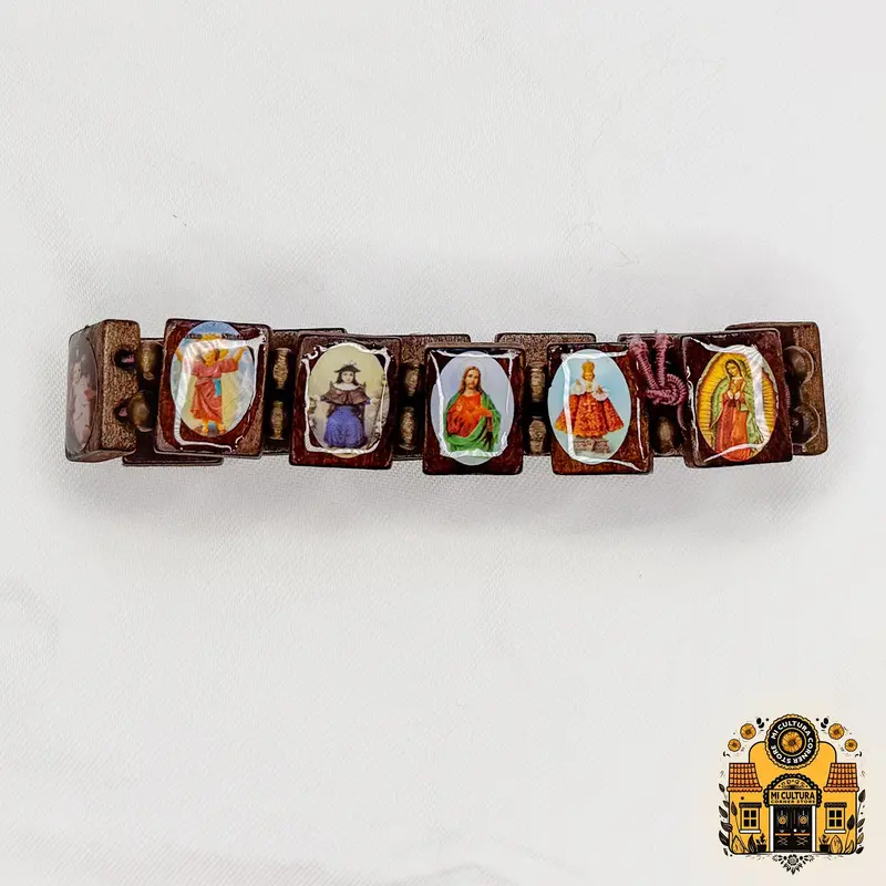 Dark Brown Wood Bracelet, Jesus, Santo Niño de Atocha & Guadalupe