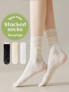 3 Pairs of Women's Summer Lace Floral Sheer Ankle Socks – Voluminous ruffled hem combined with delicate lace and openwork patterns, lightweight mesh fabric offers subtle transparency, romantic vintage Feminine charm with a girlish flair Lace Crew Socks