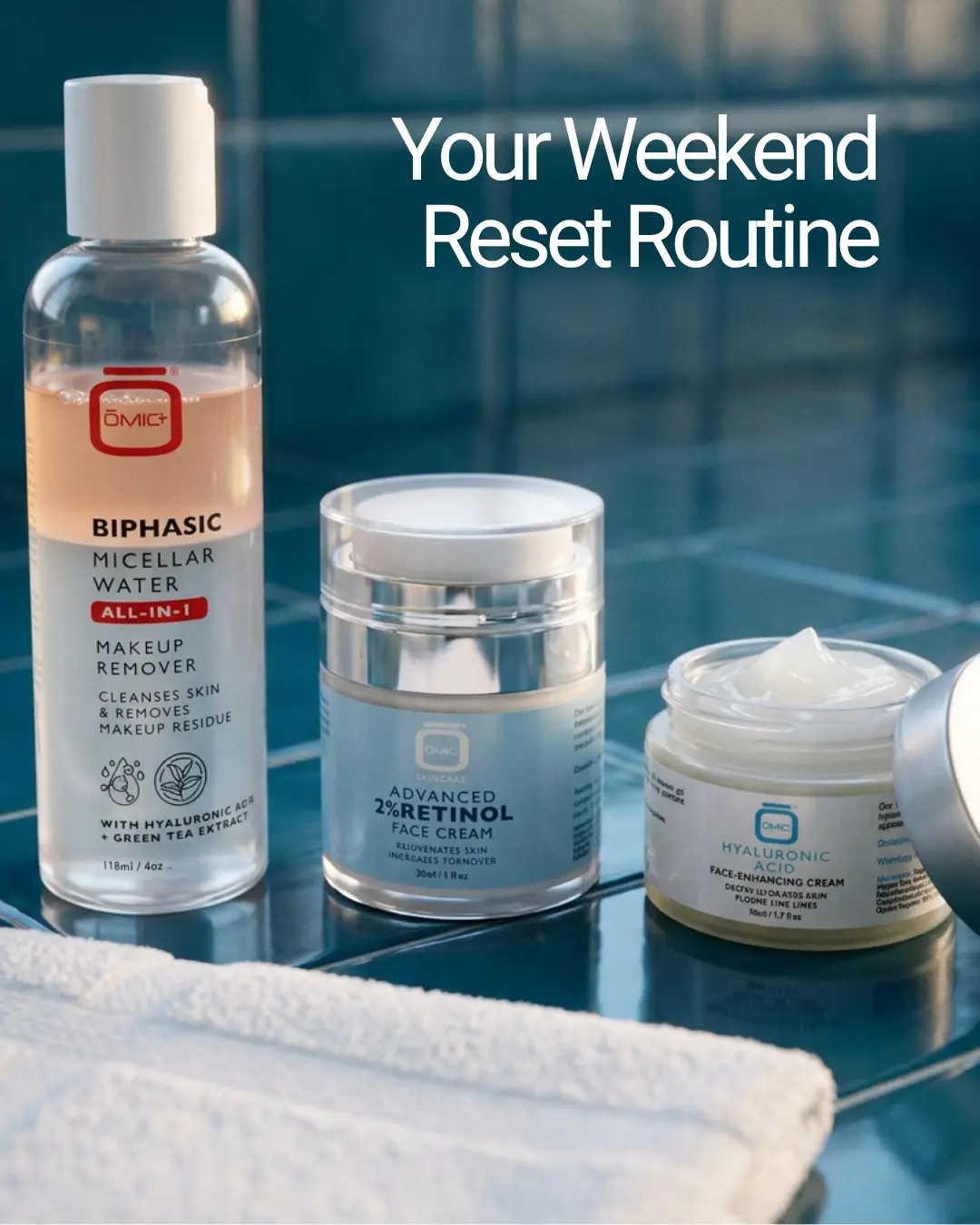 OMIC+ Red, White & Blue Bundle- Biphasic Micellar Water, Retinol Cream, Hyaluronic Acid Daily Moisturizer