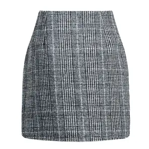 Women's Classic Plaid High-Waist Fitted Bodycon Mini Pencil Skirt, Black White Polyester Bottoms, Chic Lady Office Wear Evening Outfit - Womenswear
