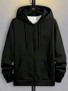 Men's Fall Outfits Casual Zip-Up Fabric Hoodie with Fleece Lining Pockets Plain Solid Color Long Sleeve Jacket Comfortable Pullover for Spring & Fall