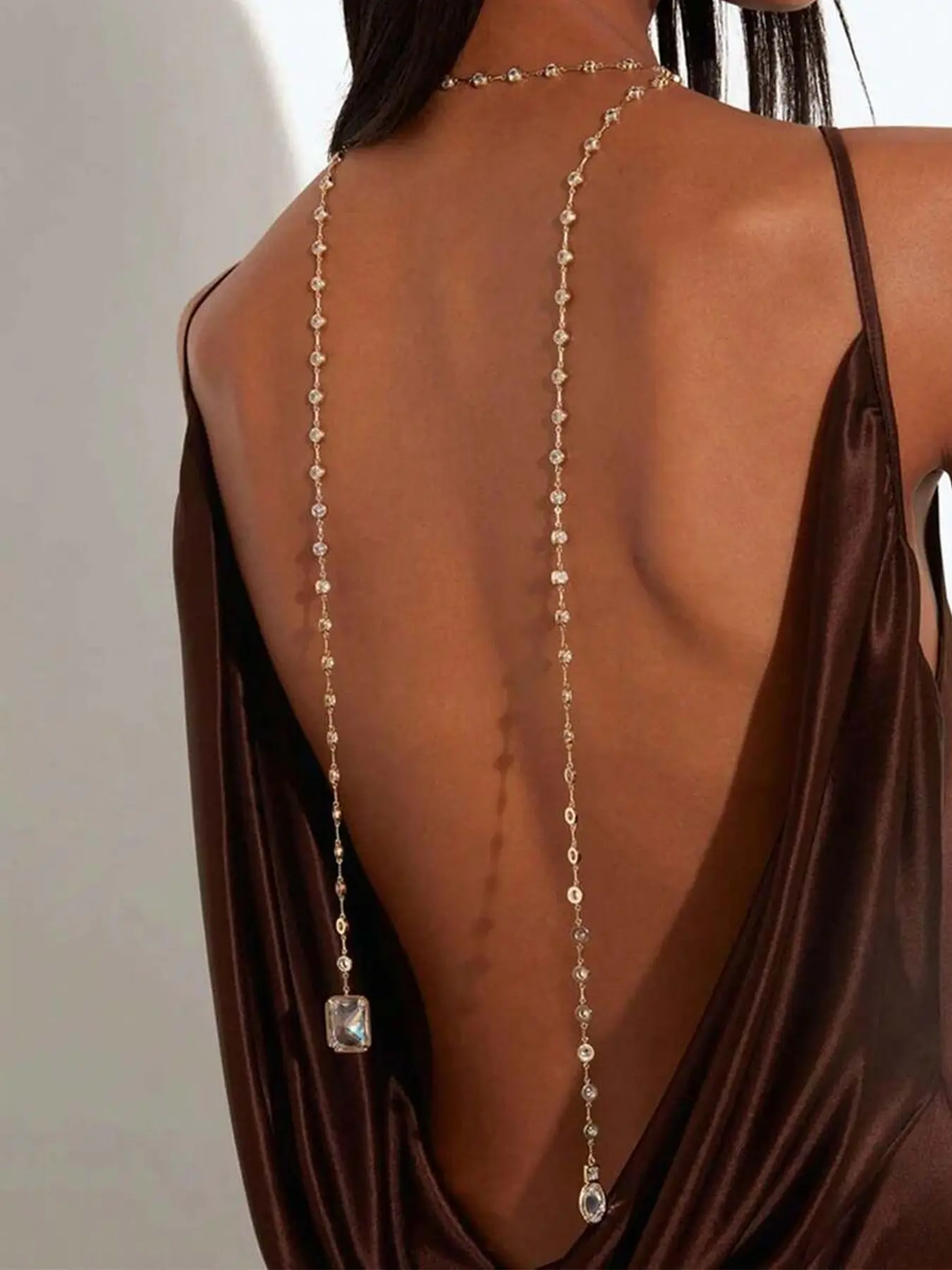 1pc Fashion Rhinestone Dual Pendant Backless Body Chain, Luxury Fringe Rhinestone Backchain, Evening Gown Accessory, Sexy Unique Body Jewellery, Body Jewelry