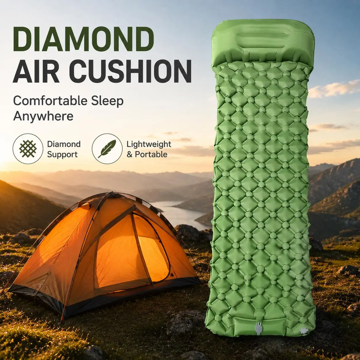 WKEFF Camping Sleeping Pad, Ultralight Camping Mat with Pillow, Built-in Foot Pump Inflatable Sleeping Pads Compact for Camping Backpacking Hiking Traveling Tent, Single, Green