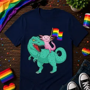 Funny Axolotl Riding T Rex LGBT Pride Shirt, Rainbow Flag Gay Pride Month Dinosaur Tee, LGBTQ Ally Cute Pride Animal T-Shirt Y