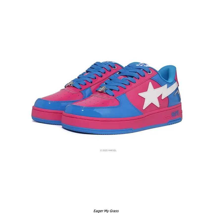 Hot Pink Royal Blue Color Block Gloss PU Casual Skate Sneakers for Men Women, Pink Layer Flat Cushion Sole Shock Absorb Non-Slip Rubber Daily Walking Board Shoes