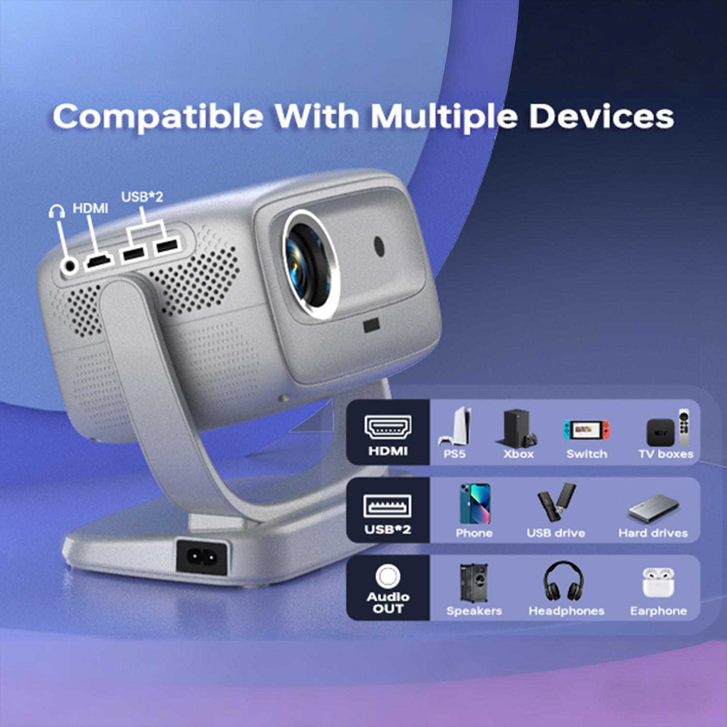 Portable Smart Projector with WiFi and Bluetooth, 1080P Supported Video Projector, Auto Focus & Keystone Correction – Perfect as Home Bedroom Projector, or Outdoor Movie Projector