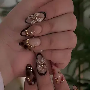 24pcs Long Almond Shape Tortoiseshell Vintage Fake Nails, Reusable, Nude Base, Beads, Includes Jelly Glue and Nail File