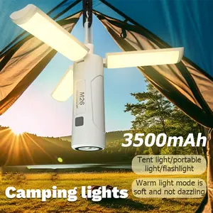 Rechargeable LED Folding Camping Light,3500mAh USB Portable Flashlight,Camping Essential 360° Three-blade Design with Power Indicator and 3 Lighting Modes, Outdoor Hook Tent Light, Suitable for Hiking and Emergency Situations
