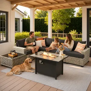 【Summer Vibes】Ovios Patio Furniture Set 7-Piece Outdoor Wicker Rattan Sectional Sofa Set with Cushions, 42'' Fire Pit Table & LED Light Coffee Table, All-Weather Conversation Set for Backyard Garden Deck Patio