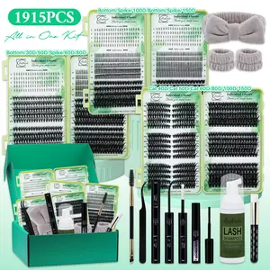 1915 PCS Lash Clusters Kit D Curl 11 Styles Cat/Volume/Spikes/Bottom Lashes Book Kit with Bond&Seal Lash Remover Brush Lash Applicator Headband Wristband set and Lash Shampoo&Brush Lash Extensions Kit for Beginners&Proficient