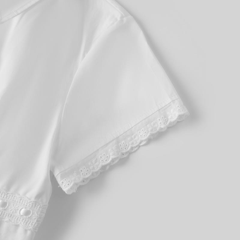 Women Lace Trim Summer BlouseFit Collared Short Sleeve Button-up Crop Casual Tops
