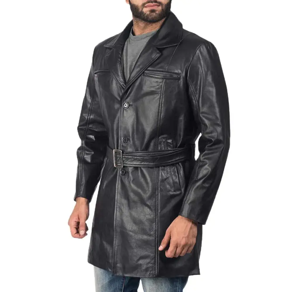 Jordan Black Leather Coat Belt Hem Adjustable Button