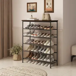 Shoe Rack Organizer 6 Tier for Closet Entryway Free Standing Metal Storage Shoe Shelf with MDF Top Board,Black Steel Wooden entryway rack