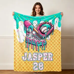 Personalized Ice Cream Baseball Blanket, Custom IceCream Drip Design Gifts for Kids,Soft Cozy Warm Throw, Neon Melt Waffle Cone Design, Custom Gift for Baseball Player Girl, Cool Sporty Bedroom Dorm Decor