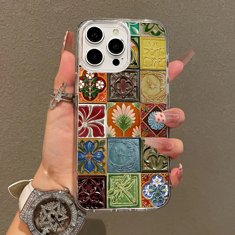 Magnetic Smartphone Case for iPhone 11/12/13/14/15/16/17 Pro Max, Vintage Tile Collage Design, Ultra Slim, MagSafe Support, Shockproof Protection for Handheld Cellphone Devices, Playful Fun Style