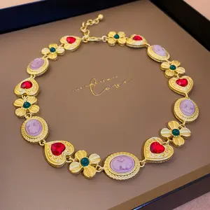 Women Exquisite Vintage Palace Rhinestone Heart Necklace Bracelet Retro Baroque Lady Party Banquet Jewelry Accessories Gift