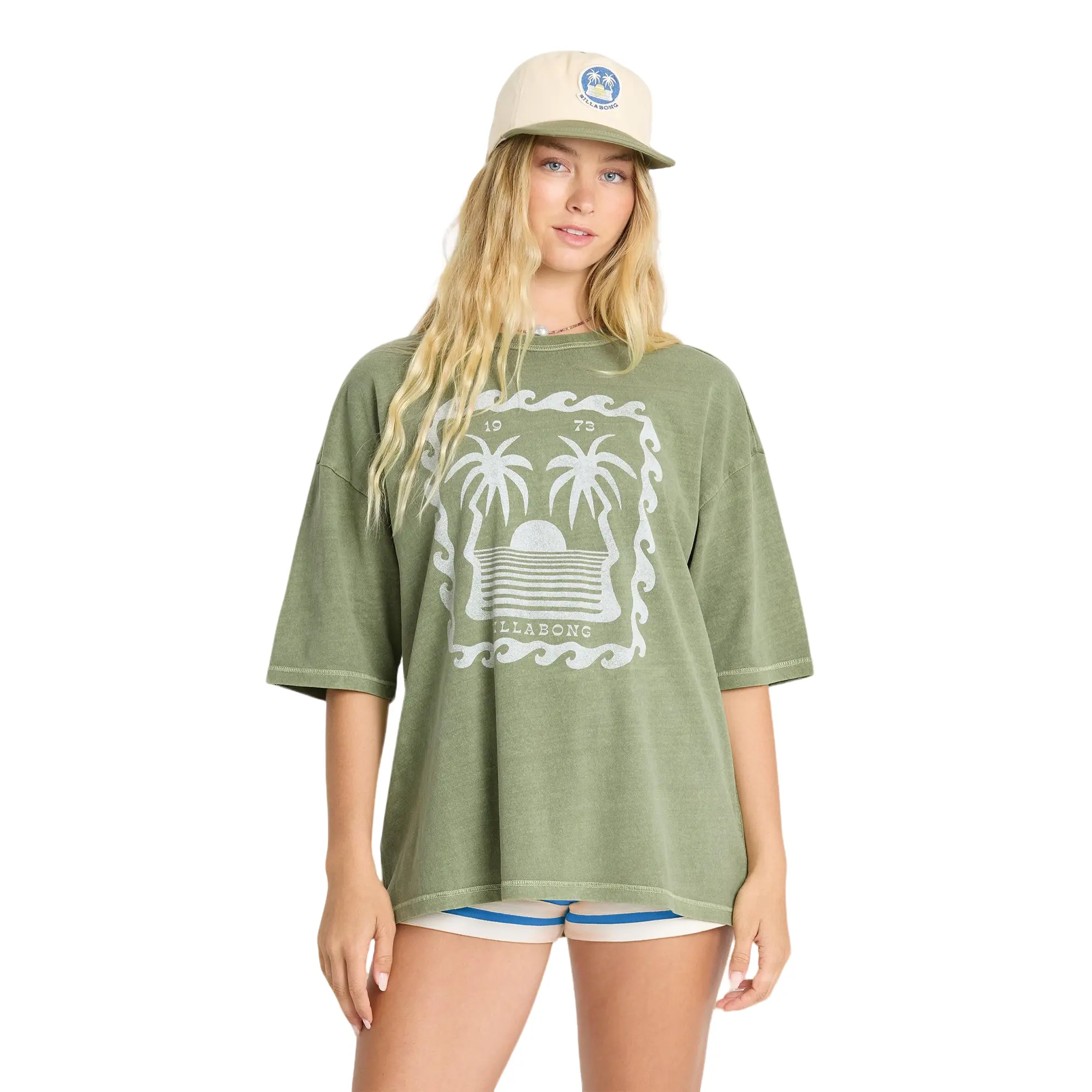 BILLABONG Wave Stamp Short Sleeve Cotton T-Shirt - Army Green, Women’s Boxy Cotton Jersey Crew Neck Tee, Washed Army Green Graphic Print, for Camp Vibes Coastal Side Casual Summer Everyday Tops Womenswear Crewneck Round Neck