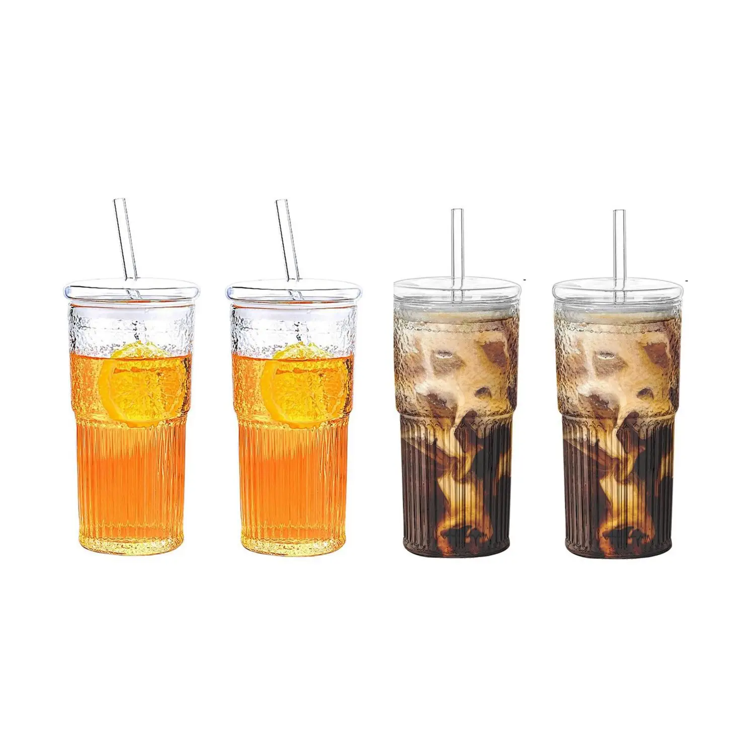 20oz Glass Cups Set, 4 Counts/set Including Glass Cups with Lids & Straws, Drinking Cup for Home Office Use, Gift for Friend, Drinkware