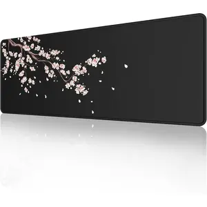 Japanese Plum Blossoms Black Mouse Pad  24 × 14 inch Extended Large Mouse Mat Desk Pad, Stitched Edges Mousepad,Non-Slip Rubber Base,Gaming Mouse Pad XL.