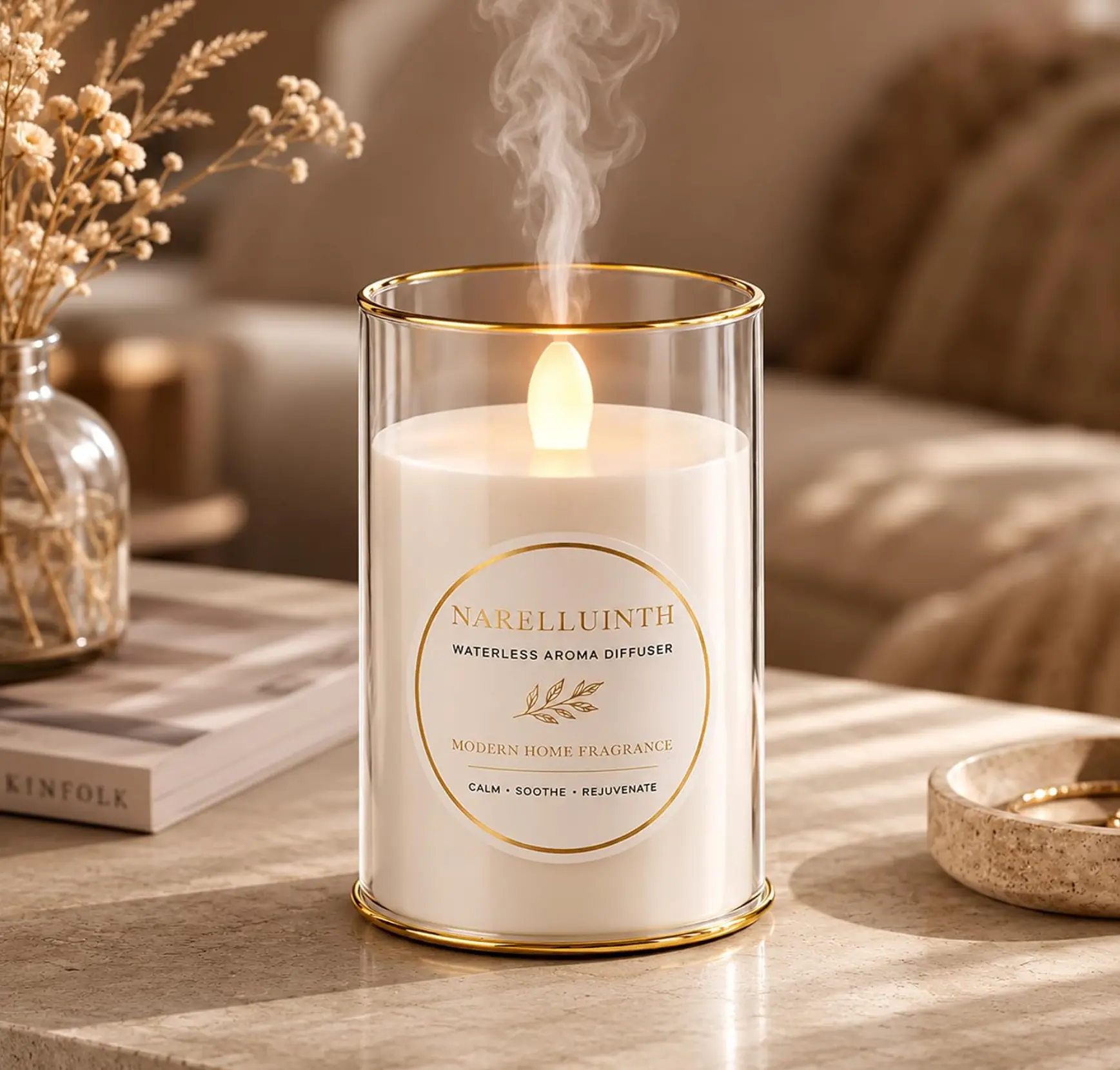 Flameless Candle Essential Oil Diffuser, Waterless Glass Aroma Diffuser - Rechargeable for 60H Use , 700 Sq. Ft Coverage, Timer & Mist Control, Blow control, Wick Mist, Holiday Gift, Includes 1 Hotel Scent(10ml))