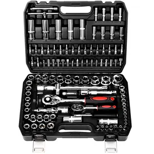 108 Pcs Mechanic Socket Tool Kit，CR-V Steel Metric and Standard 1/4" & 1/2" Ratchet set, Universal Joint, Extension Bars,Adapter,Ratchet Wrench,Socket Set for car garage
