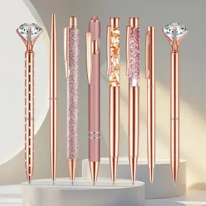8 Pcs Rose Gold Ballpoint Pens Set with Metal Crystal Diamond Design for Women - Fancy Pens for Journaling, Writing, Gifts