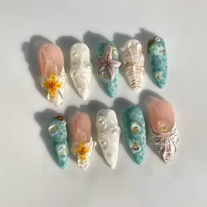 10 Pcs Almond Shape Nail Tips, Beach Theme 3D Flower & Shell Design, Y2K Glossy False Nails, Reusable with Jelly Glue & File