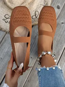 Women's Casual Soft Sole Square Toe Flat Shoes, Breathable Flats, Elastic Band Patchwork Design, Comfortable Walking Shoes for Indoor & Outdoor Use