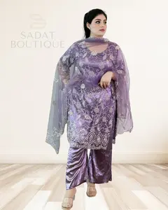 Lavender Embroidered Net Kurti Set with Tulip Shalwar – 3-Piece