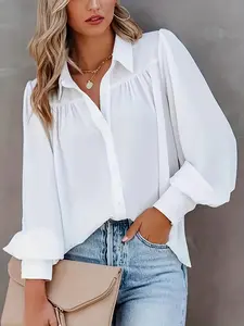 【Plus Size】 Solid Color Lantern Sleeve Button Up Shirt, Casual Classy Elegant Long Sleeve Collared Top for Spring & Fall, Women's Clothes for Daily Wear