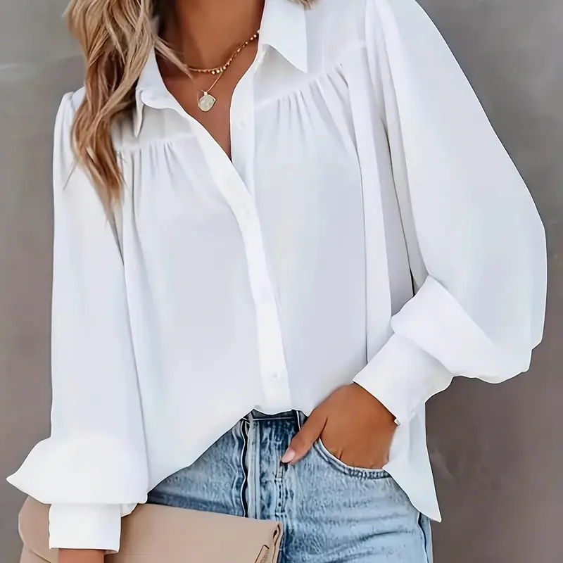 【Plus Size】 Solid Color Lantern Sleeve Button Up Button Front Shirt, Casual Classy Elegant Long Sleeve Collared Top for Spring & Fall, Women's Button Down Blouse for Daily Wear