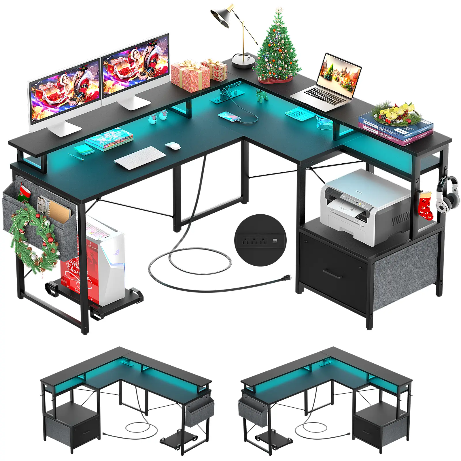 Cyclyiso L Shaped Desk with File Drawer, Reversible L Shaped Computer Desk with Power Outlet & LED Lights, Home Office Desk Corner Desk with Monitor S