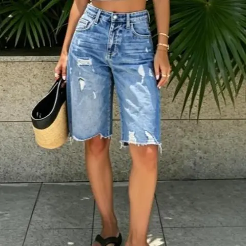 Women's Ripped Mid-Rise Denim Bermuda Shorts - Frayed Raw Hem, Stretch, Womenswear Bottom