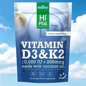 HiPlus Coconut Oil-Infused Vitamin D3 & K2 | 10,000 IU + 200mcg, 300 Softgels，health dietary supplement、dietary support、cinnamon bark extract、Energy Support、 strong hair、daily vitamin need、daily routine support、complex supplement、growth maximizer、