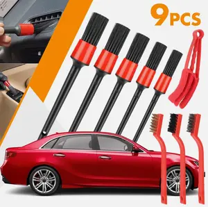 9pcs Car Detailing Brush Set with Natural Bristle, Air Vent and Wire Brushes for Interior, Wheels, Engine Cleaning – Automotive Car Cleaning Kit for Auto Detailing