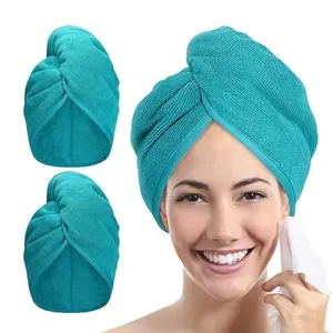 2 Counts Microfiber Hair Towel Wrap -  Aqua Green Hair Head Drying Turban Curly Fast Absorbent Dry Anti Frizz Twist Plopping Long Shower Turban for Women with Button